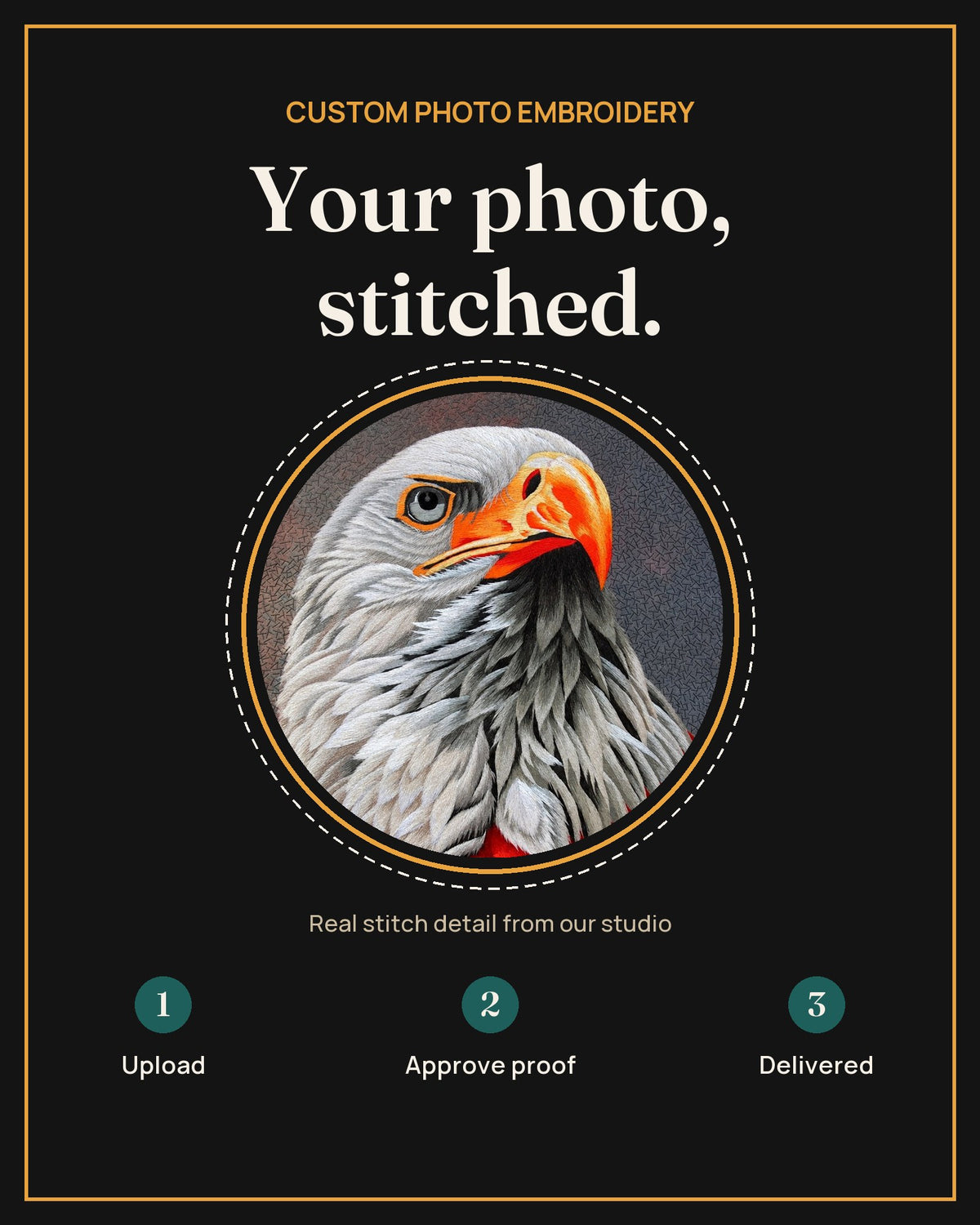 Your photo, stitched: custom photo embroidery with a real stitch detail from our studio