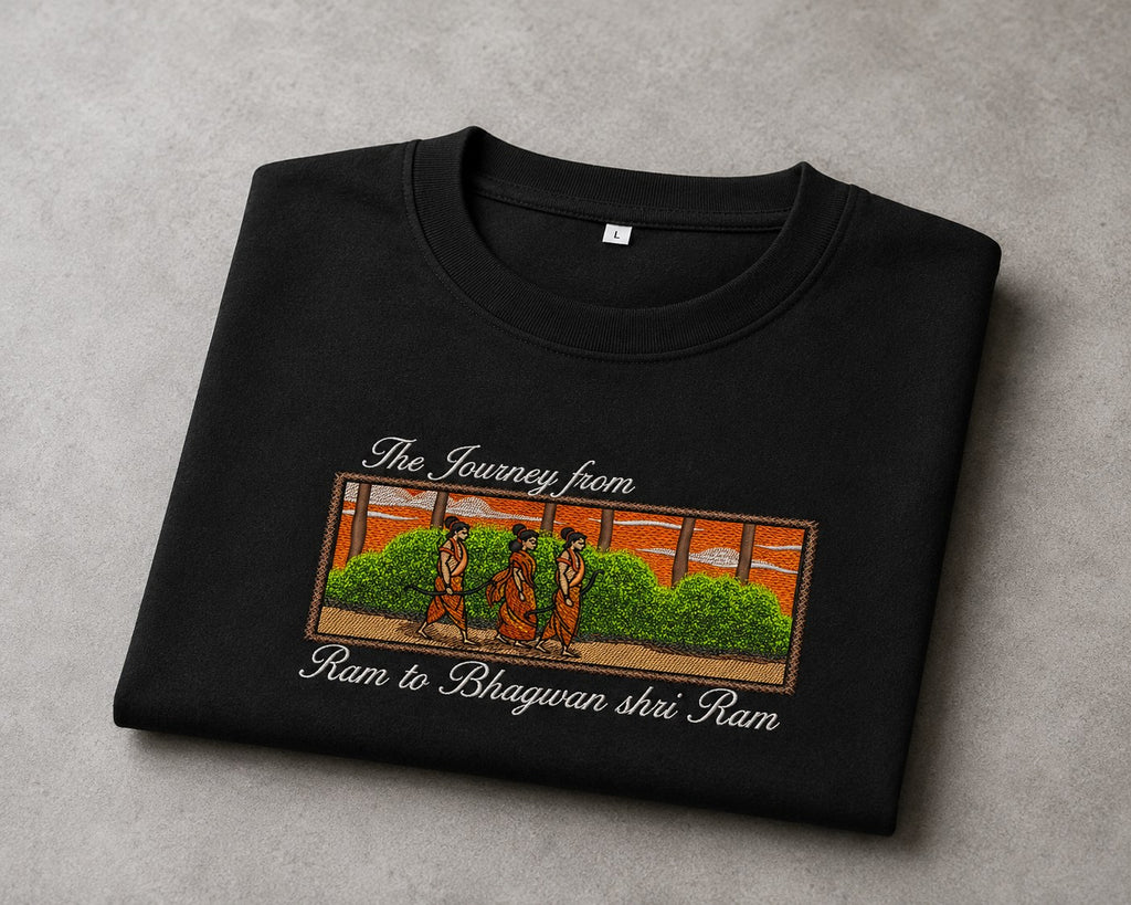 Folded tee showing the Journey from Ram to Bhagwan Shri Ram embroidery and script