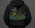Back view of a black hoodie with large Krishna on Kaliya embroidery