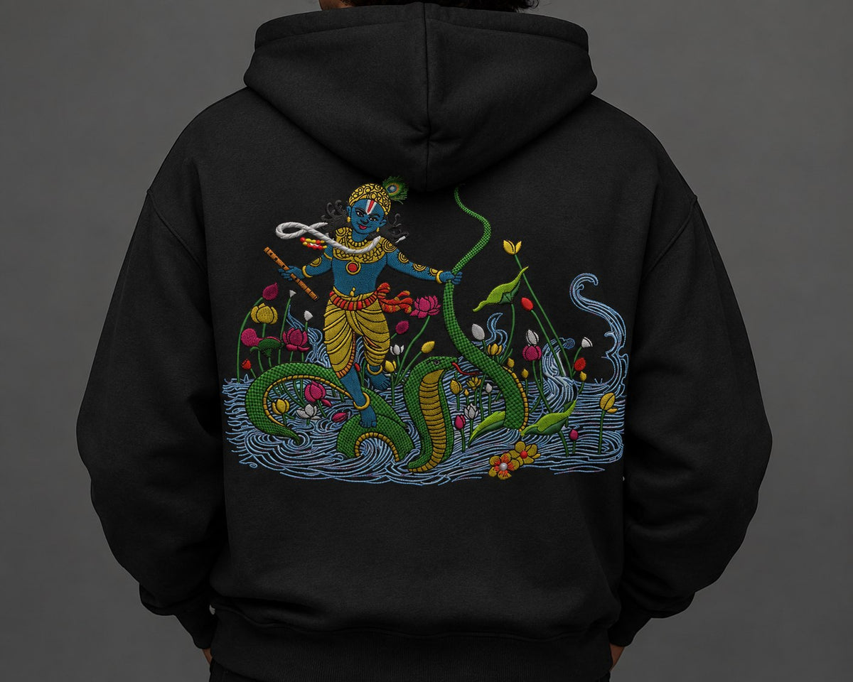 Back view of a black hoodie with large Krishna on Kaliya embroidery