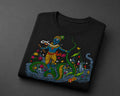 Black tee with large Krishna on Kaliya embroidery, folded on dark linen
