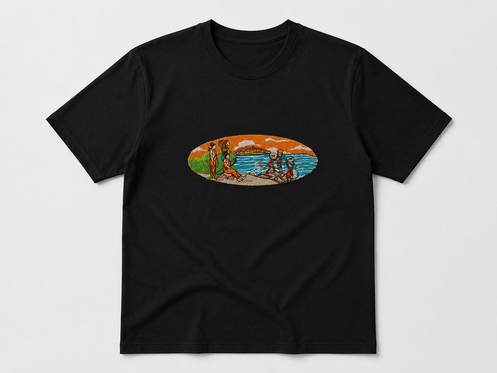 Black oversized tee with the Ram Setu oval embroidery on the chest